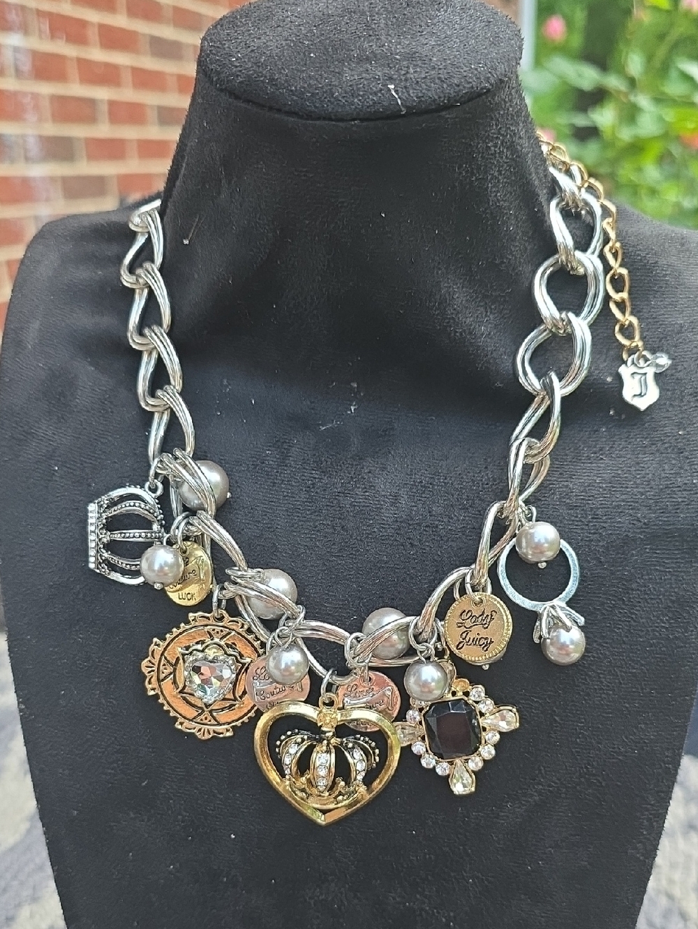 Juicy Couture Two-Tone Gold & Silver Charm Necklace with Pearls